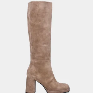 Stivale beige in pelle con punta quadrata stondata e plateau