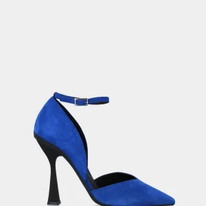 Décolleté blu in pelle con tacco a contrasto