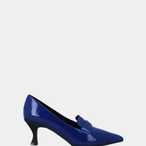 Mocassino blu in pelle con tacco a rocchetto
