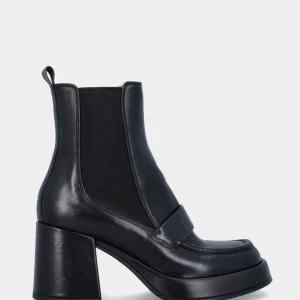 Stivaletto nero in pelle con vaschetta con fascetta e plateau