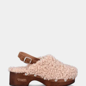 Zoccolo beige in tessuto con cinturino