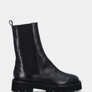 beatle monoblocco con tacco 30mm e plateau di 20mm, punta tonda, con fasce elasticizzate dritte lungo il gambaletto, suola in gomma e fondo carrarmato