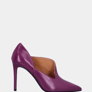 Décolleté viola in pelle con scollo asimmetrico