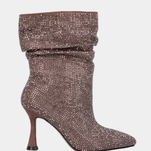 Stivaletto taupe in pelle con cristalli e gambaletto goffrato
