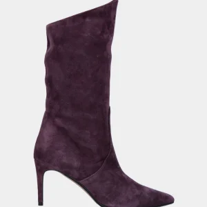 Stivaletto viola in pelle con gambale obliquo alto