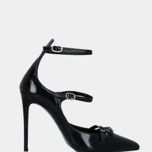 Décolleté in verlux nero con tacco a stiletto e tre cinturini
