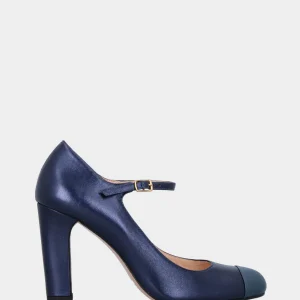 Mary Jane in laminato blu con punta in nappa celeste