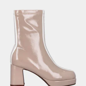 Stivaletto in ecopelle nude lucido con fascia bicolore e plateau