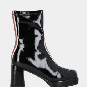 Stivaletto in ecopelle nera lucida con fascia bicolore e plateau