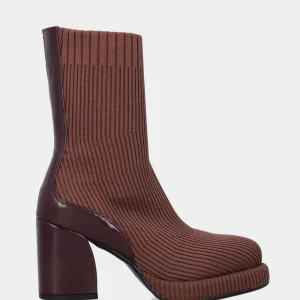 Stivaletto in tessuto calza elasticizzato marrone e tacco blocco