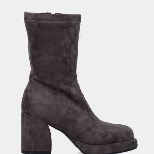 Stivaletto in tessuto grigio elasticizzato con tacco e plateau