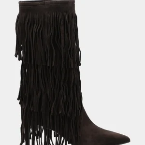 Stivale in velour testa di moro con frange e tacco stiletto
