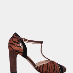 Décolleté T-bar in camoscio tigrato multicolor con tacco largo