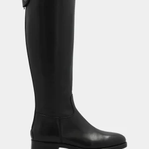 Stivale amazzone in vitello nero con cinturino e zip posteriore