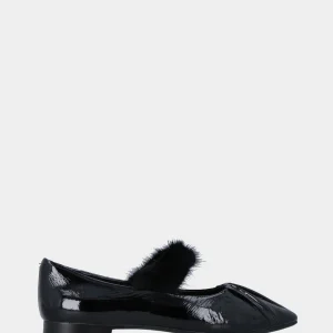 Ballerina Mary Jane in naplak nero con cinturino in visone