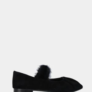 Ballerina Mary Jane in camoscio nero con cinturino in visone