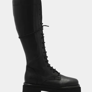 Stivale biker in vitello nero con allacciatura frontale e carrarmato