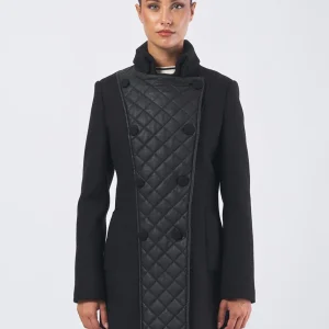 Cappotto Lungo Donna Panno Diagonale Similpelle Matelassé