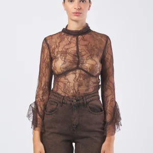 Maglia Lupetto Pizzo Rebrodé Elegante Cioccolato