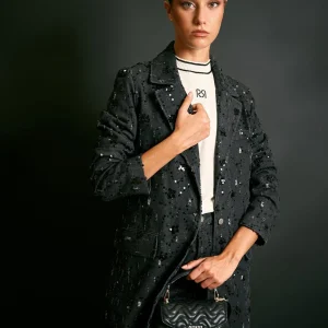 Blazer Donna Nero Effetto Denim con Paillettes