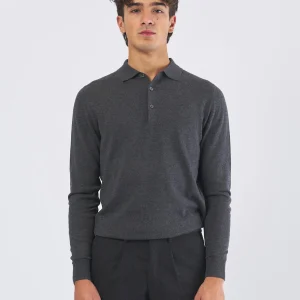 Polo in Maglia Misto Cotone e Lana Grigio Melange