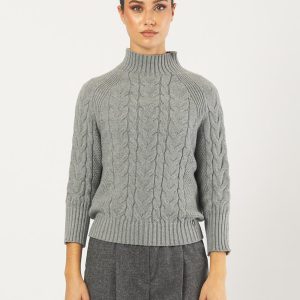Maglia Donna Trecce Grigia Lavorazione Tricot