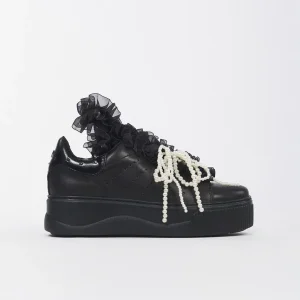 Sneaker Donna Perry in Pelle Nera con Rouches