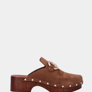 Zoccolo a sabot marrone in pelle con morsetto
