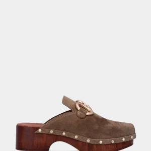 Zoccolo a sabot tortora in pelle con morsetto