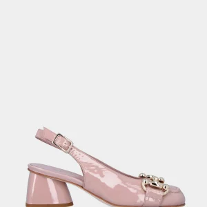 Décolleté rosa in pelle lucida modello slingback con morsetto metallico