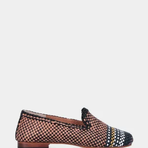 Pantofolina nera e camel in pelle con punta multicolor