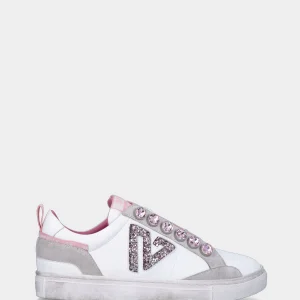 Sneaker rosa in pelle con cristalli