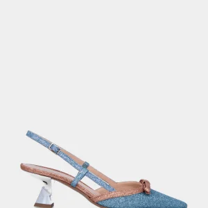 Décolleté slingback azzurra in glitter con tacco a specchio