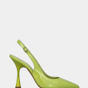 Slingback verde in pelle con tacco sottile e scollo tondo