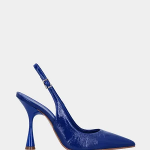 Chanel blu in pelle con tacco sottile e scollo tondo