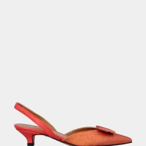Décolleté slingback arancione in glitter con placca rettangolare