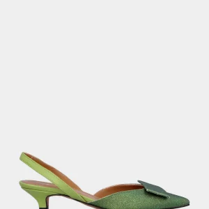 Décolleté slingback verde in glitter con placca rettangolare