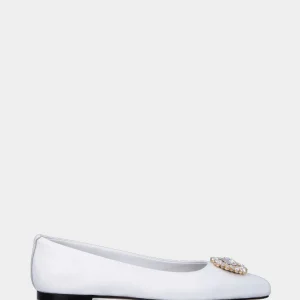 Ballerina bianca in pelle con accessorio pietre di cristallo