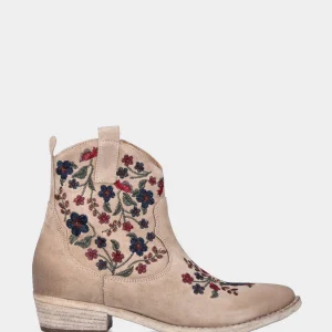 Campero a tronchetto beige in pelle con ricami a fiori