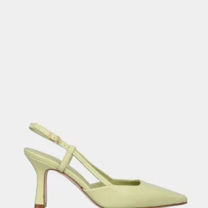 Décolleté slingback verde acid in pelle con scollo quadrato