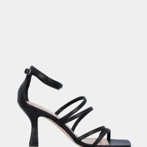 Sandalo con tacco nero in pelle con listini sul collo