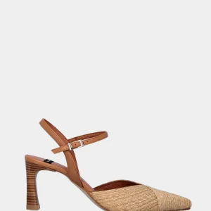 Slingback beige in rafia con tacco trama legno
