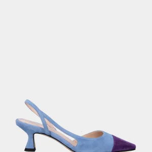 Slingback azzurra in pelle con puntina viola