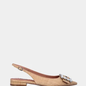 Slingback beige in rafia con fibbia gioiello e cinturino