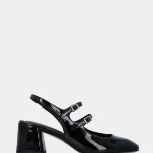 Slingback nera in vernice a punta quadrata con due cinturini