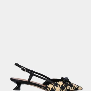 Slingback nera in rafia intrecciata stampa pied de poule