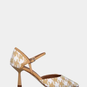 Décolleté beige in rafia intrecciata stampa pied de poule
