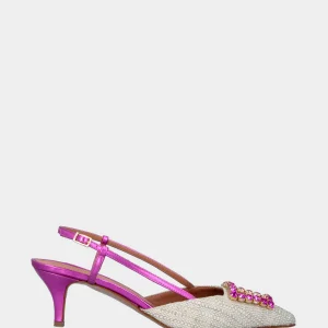 Slingback fucsia con tomaia in tessuto e accessorio gioiello