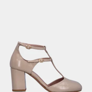 Décolleté bianco sporco in vernice aperta ai lati con cinturini
