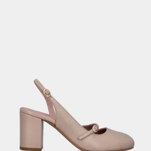 Slingback bianco sporco in pelle a punta tonda e tacco largo